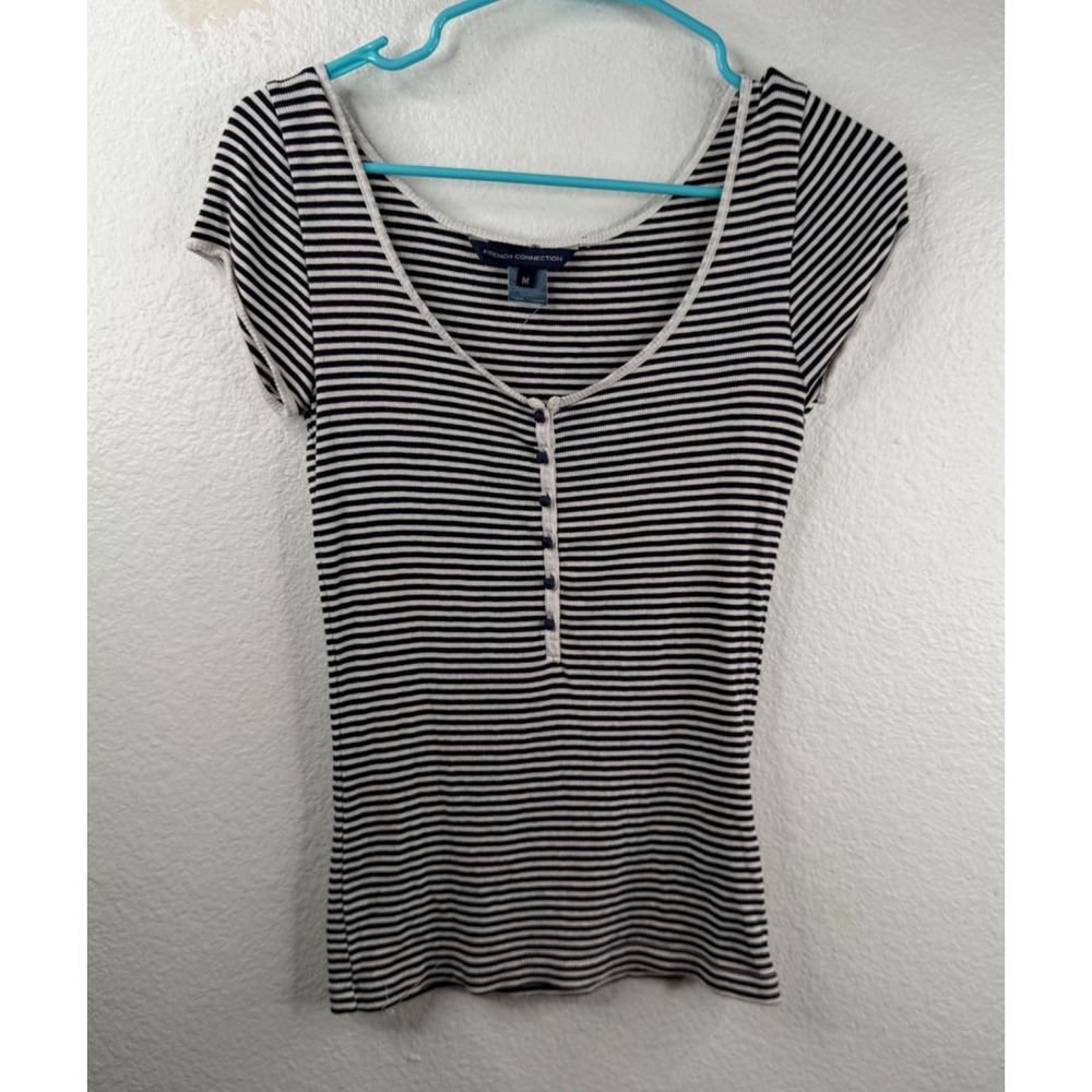 French Connection Y2K 90's Bella Elena Striped Henley Top Blue White Sz M